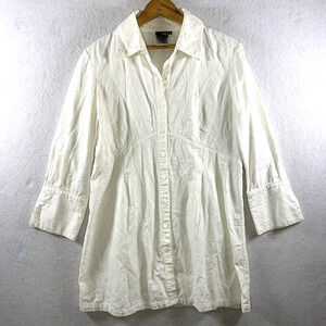 Women Longline Button Embroidered Tunic Top Sz 12 White Coastal Countryside Boho